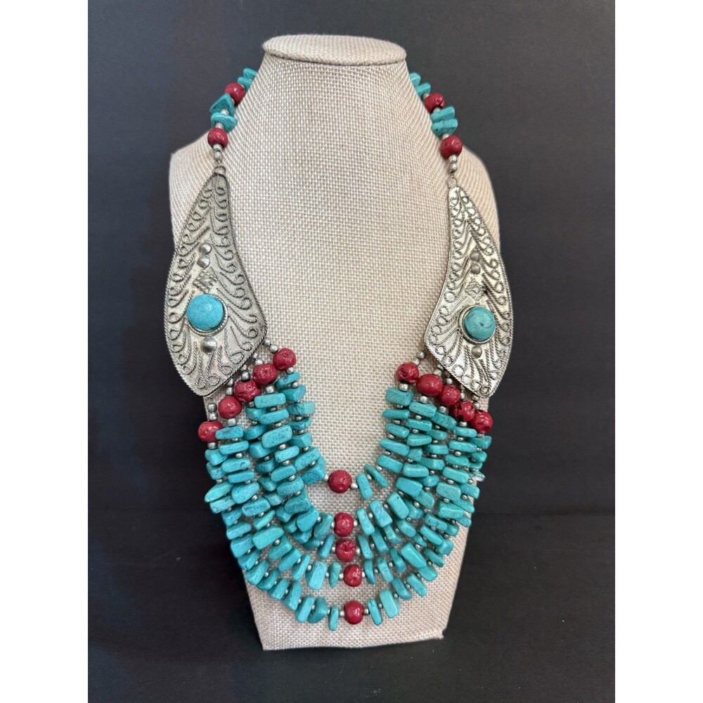 M Haskell Statement Necklace Turquoise Coral Bib Southwestern Boho Tribal Collar